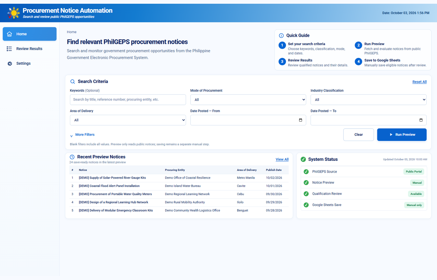 Procurement Notice Automation Home dashboard