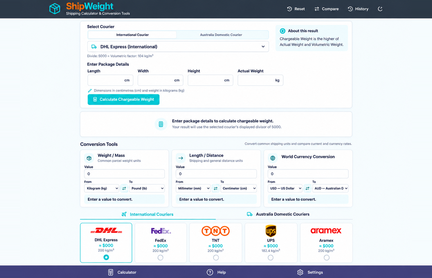 ShipWeight shipping calculator and conversion tool