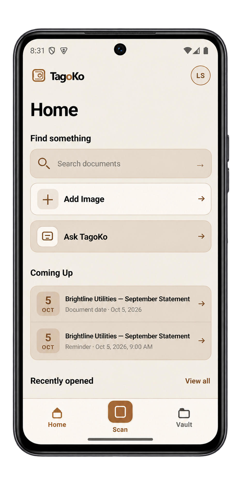 TagoKo Home screen
